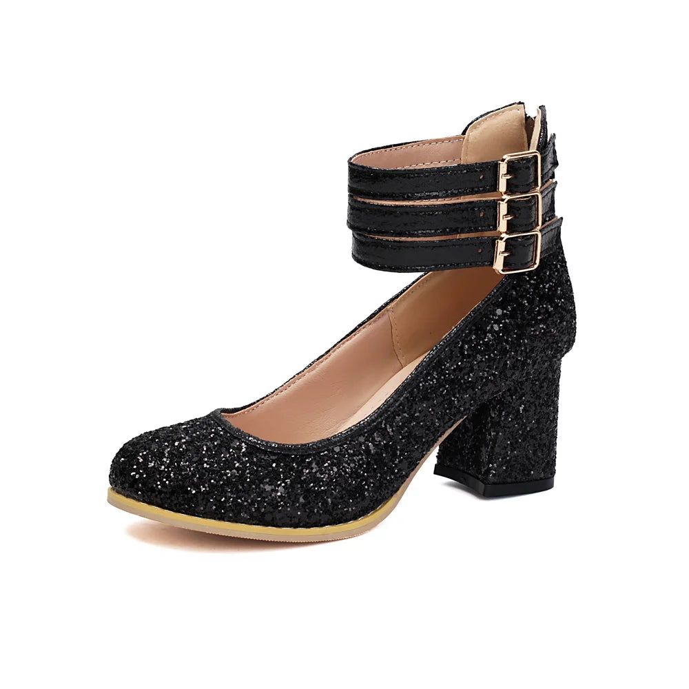Big Size 48 Bling Sequined Silver Wedding Pumps Elegant Block High Heels Shoes Women Black Gold Glitter Ankle Strap Party Pumps