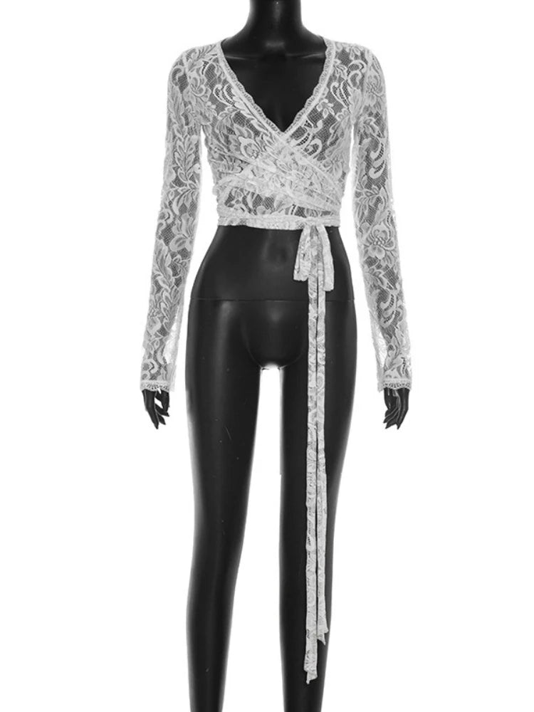 FDYOUI Women's V-neck Long Sleeve Lace T-shirt 2026 Ladies Chic Bandage Lace Tee Shirts Pink Streetwear Girls Slim Crop Tops