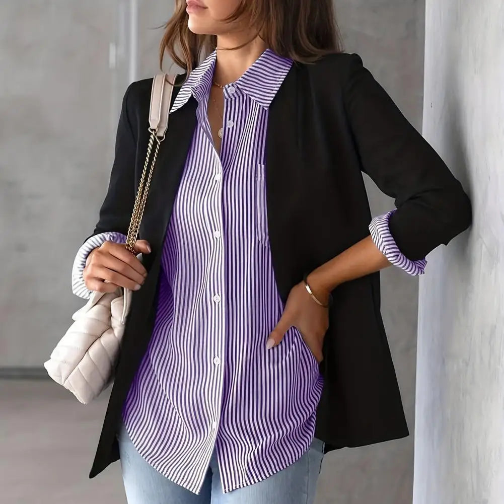 Women Shirt Lapel Long Sleeve Women's Shirts Single Breasted Shirt Tops with Patch Pocket Office Tops