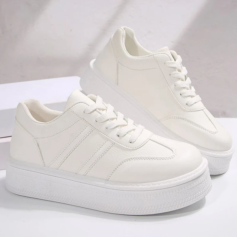 2025 White Platform Sports Shoes Women Autumn Winter Striped Lace Up Sneakers for Woman Sewing Pu Leather Vulcanize Shoes Mujer
