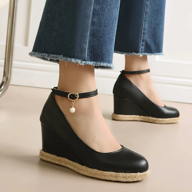 Concise Classic Women Ankle Strap Pumps 2026 Autumn Spring Shoes Wedge High Heels Beads Silver White Plus Size Daily 43
