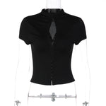 FDYOUI Woman Covered Buttons T-shirts 2026 Summer Short Sleeve Slim Cardigan Tops Ladies Chic Corset Tee Shirt White Black Red