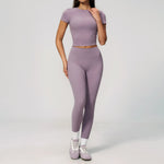 Creamy 2 Pieces Workout Suit Women Yoga Outfits Short Sleeve O Neck Slim Sports T Shirts High Waist Flare Pants Gym Fitness Sets