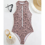 Zebra Print One Piece Swimsuit Woman High Neck Bodysuit Zipper Swimwear Beach Wear Leopard 2024 Bathing Suits Holiday Summer