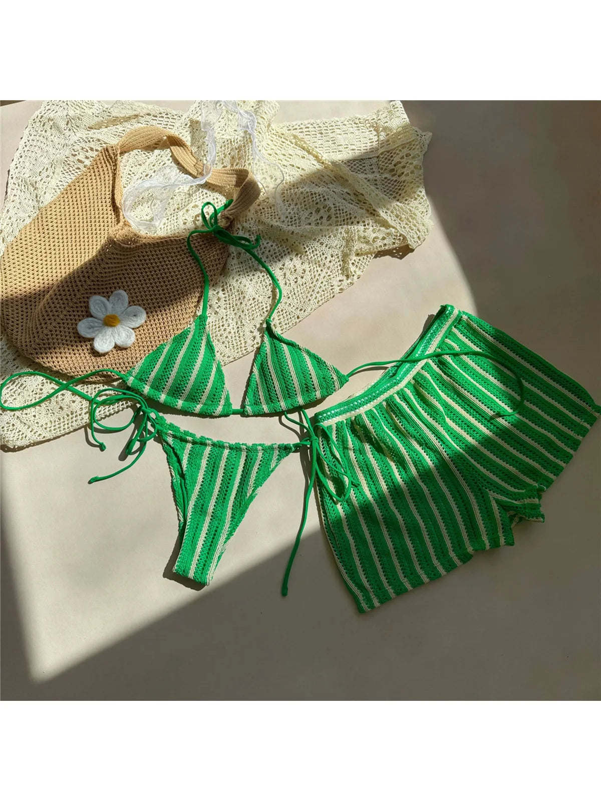 With Shorts Striped Halter Bikini Female Swimsuit Women Swimwear Three-Pieces Bikini Set Padded Bather Bathing Suit Swim V7159