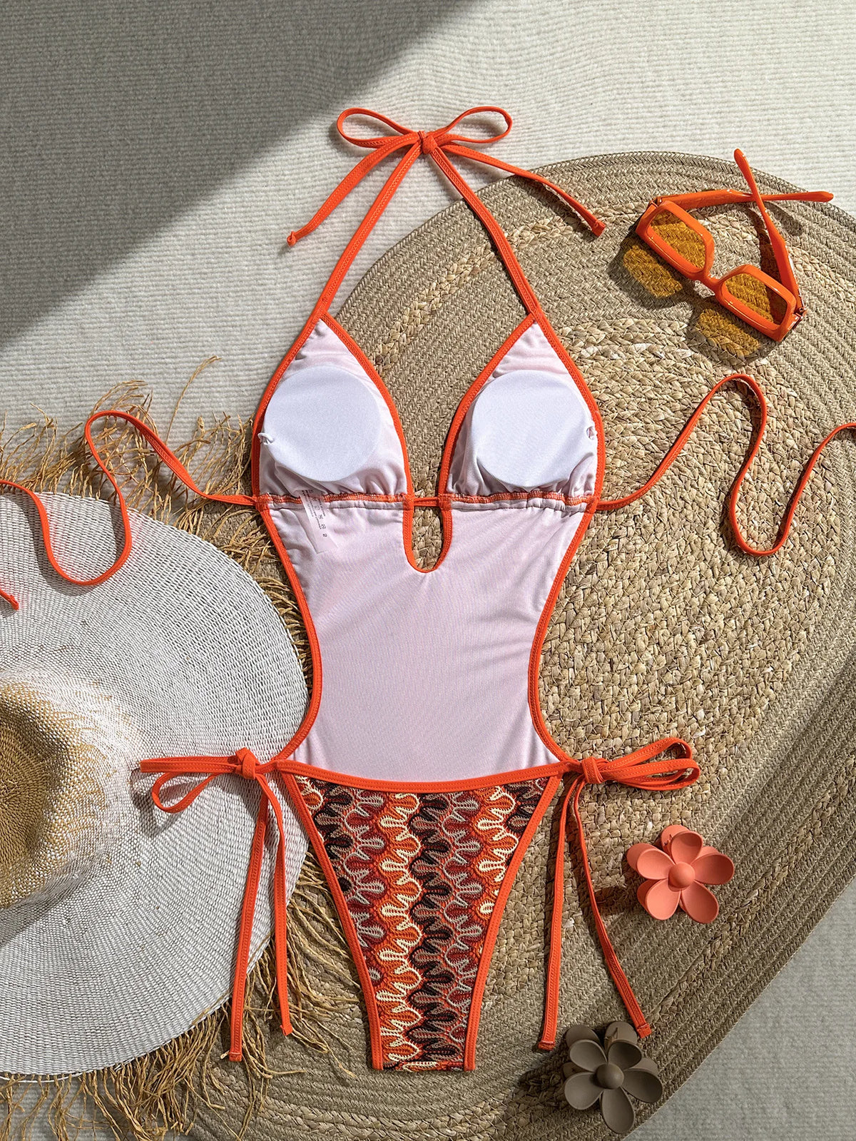 New Sexy Orange Stripe One Piece Swimsuit 2026 Women V Neck Hollow Out Backless Thong Bikini Beach Holiday Bathing Suit Swimwear