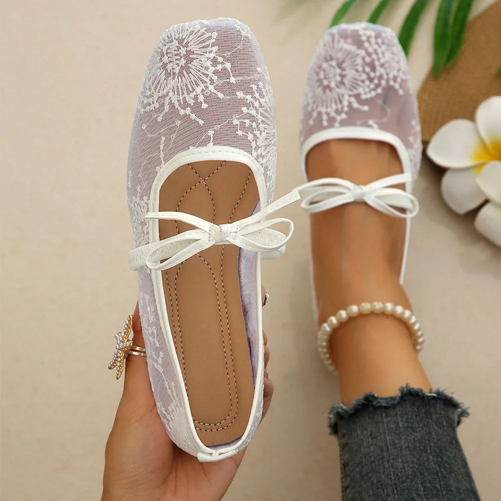 BigSize 43 Breathable White Lace Mary Jane Flats Women Comfy Walk Square Toe Casual Office Lady Ballet Flats Shoes Daily Wear