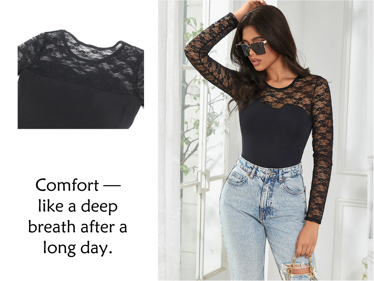 Black Lace Long Sleeve Open Crotch Bodysuit for Women Sheer Mesh Teddy Lingerie Push Up Swimwear Fabric Sexy Jumpsuit