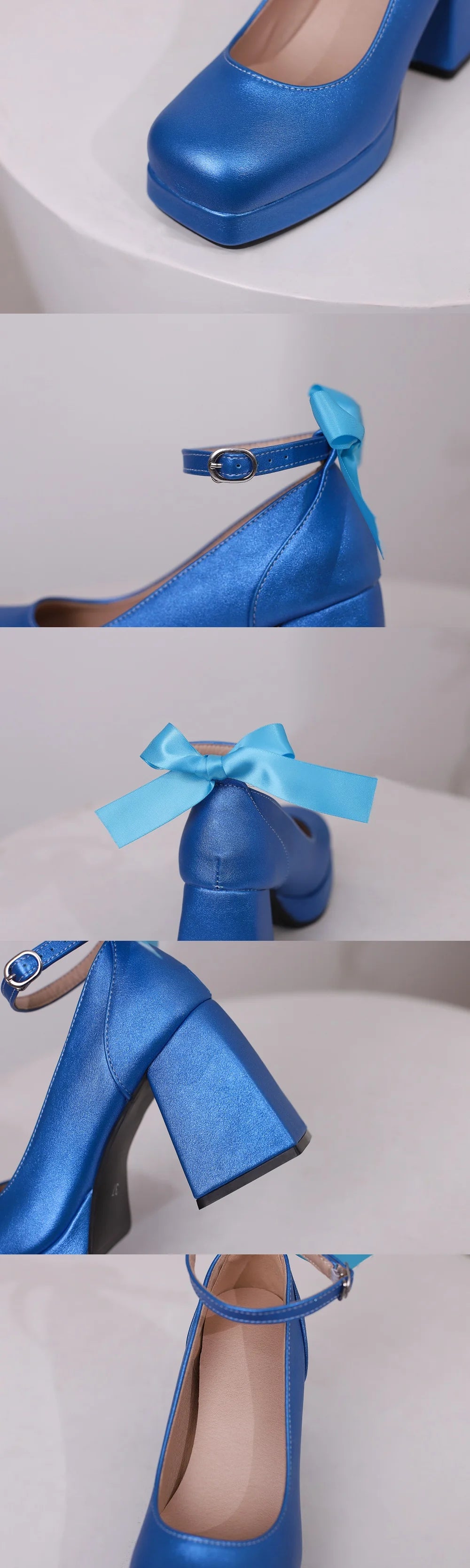 Big Size 48 Sweet y2k Pink Mary Janes Pumps Blue Ribbon Knot Block High Heels Shoes Women White Party Wedding Platform Shoes