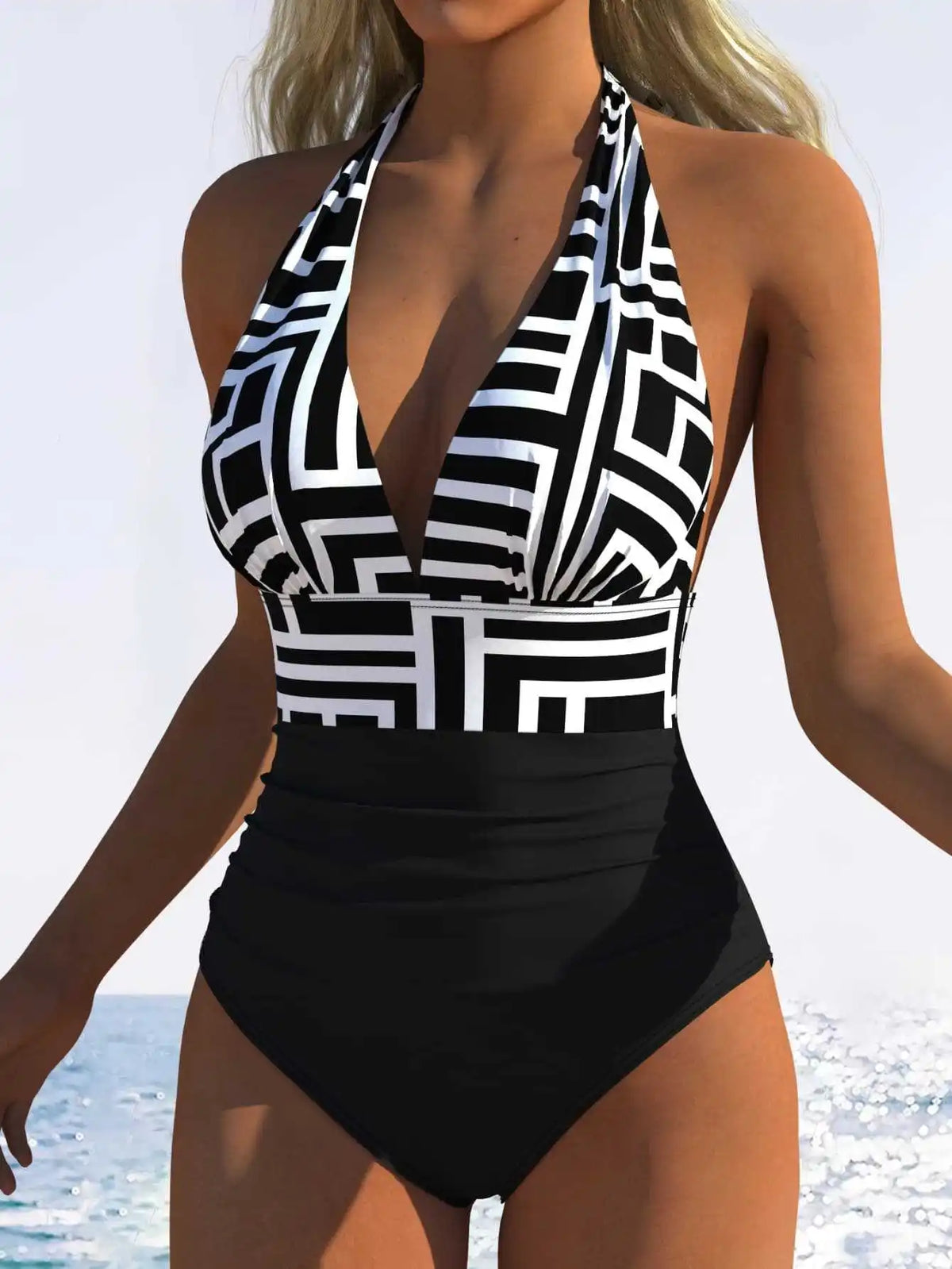 Vintage Black Plaid Patchwork Swimwear Women 2026 V Neck Pleate Tummy Control One Piece Swimsuit Beach Bathing Suit Monokini XXL