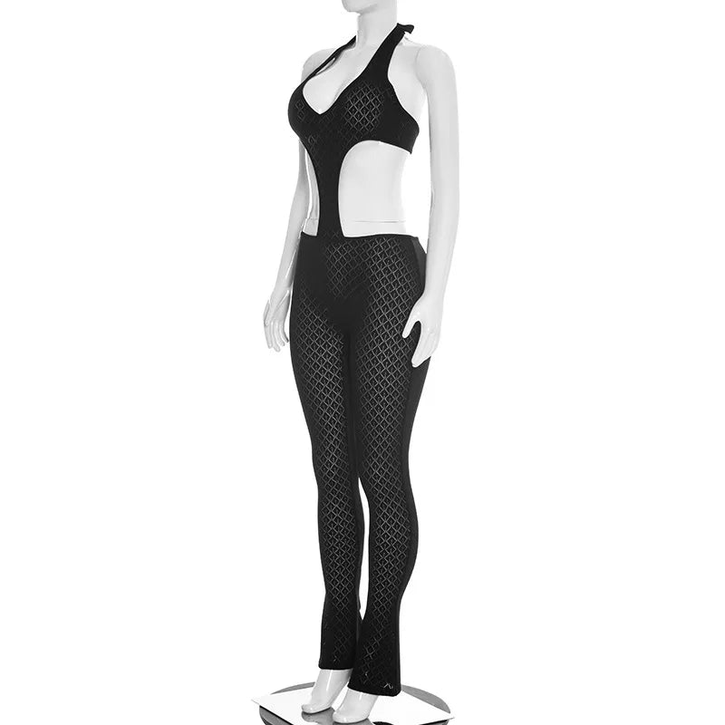 Sexy hot girl solid color see-through slim fit knitted deep V jumpsuit