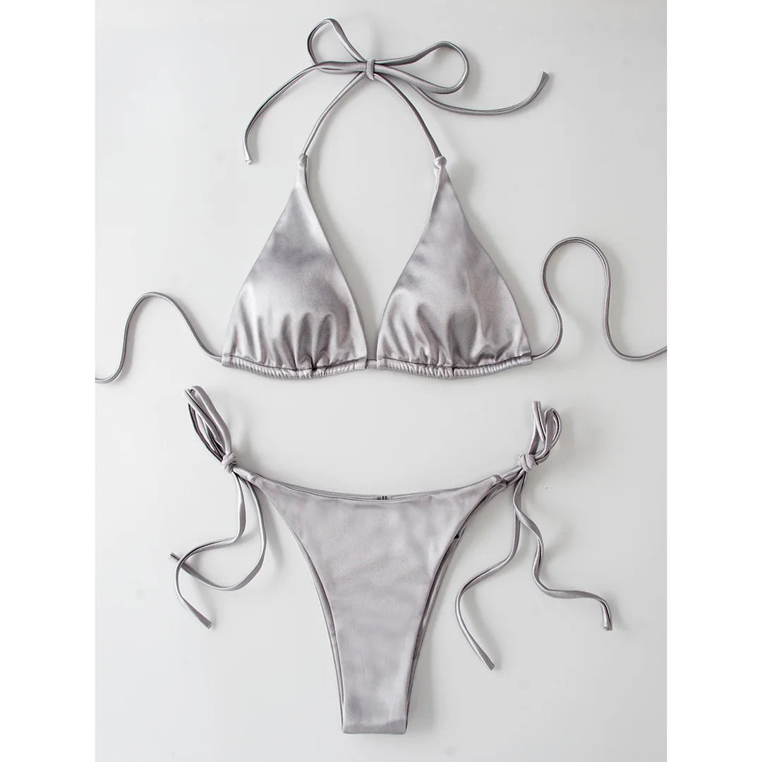 Sexy Satin Halter Brazilian Padded Bikini Female Swimsuit Women Swimwear Two-Pieces Bikini Set Bather Bathing Suit Swim V4966S