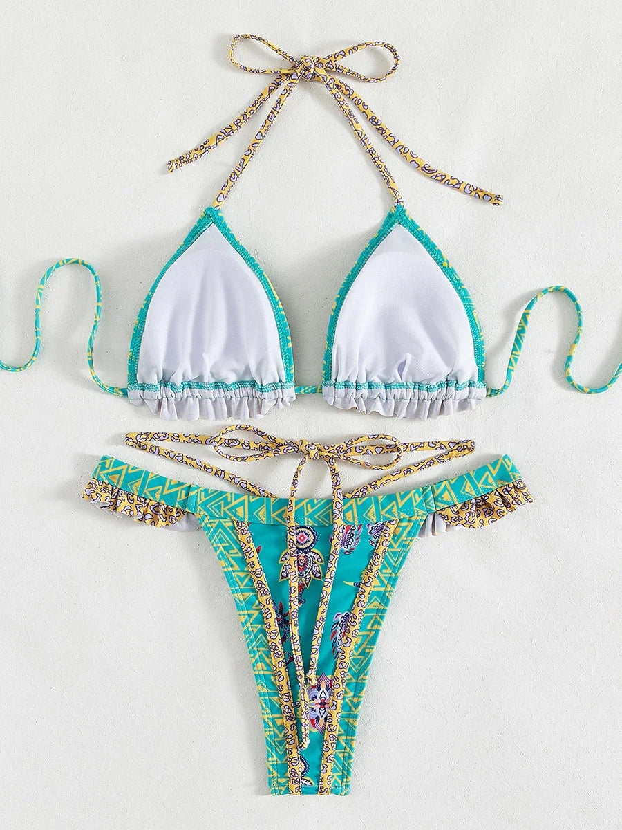 Floral Printed Halter Ruffled Frilled Bikini Women Swimwear Female Swimsuit Two-pieces Bikini set Thong Bathing Suit Swim Lady