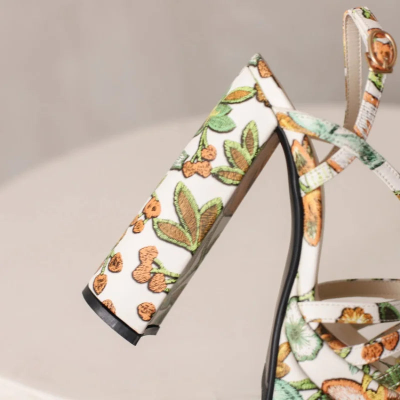 Ethnic Bohemia Sandals Women 2026 Summer Shoes Flower Print Ankle Strap Platform Block High Heels Crystal Pearl Studded