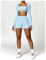 Hearuisavy Summer 2PCS Long Sleeve Gym Set Women Yoga Clothes Quick-Drying Sportswear Running Leggings Workout Sports Crop Top