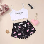Sweet Heart Print Lounge Set Spaghetti Strap Cami Top And Shorts With Frill Details Perfect For Women's Summer Casual Attire Pjs