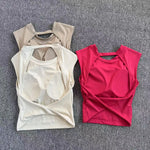 Summer Sexy Short Backless Sports T-Shirt Women's Tight Training Long Sleeve Yoga Top Fixed Chest Pad Fitness Vest