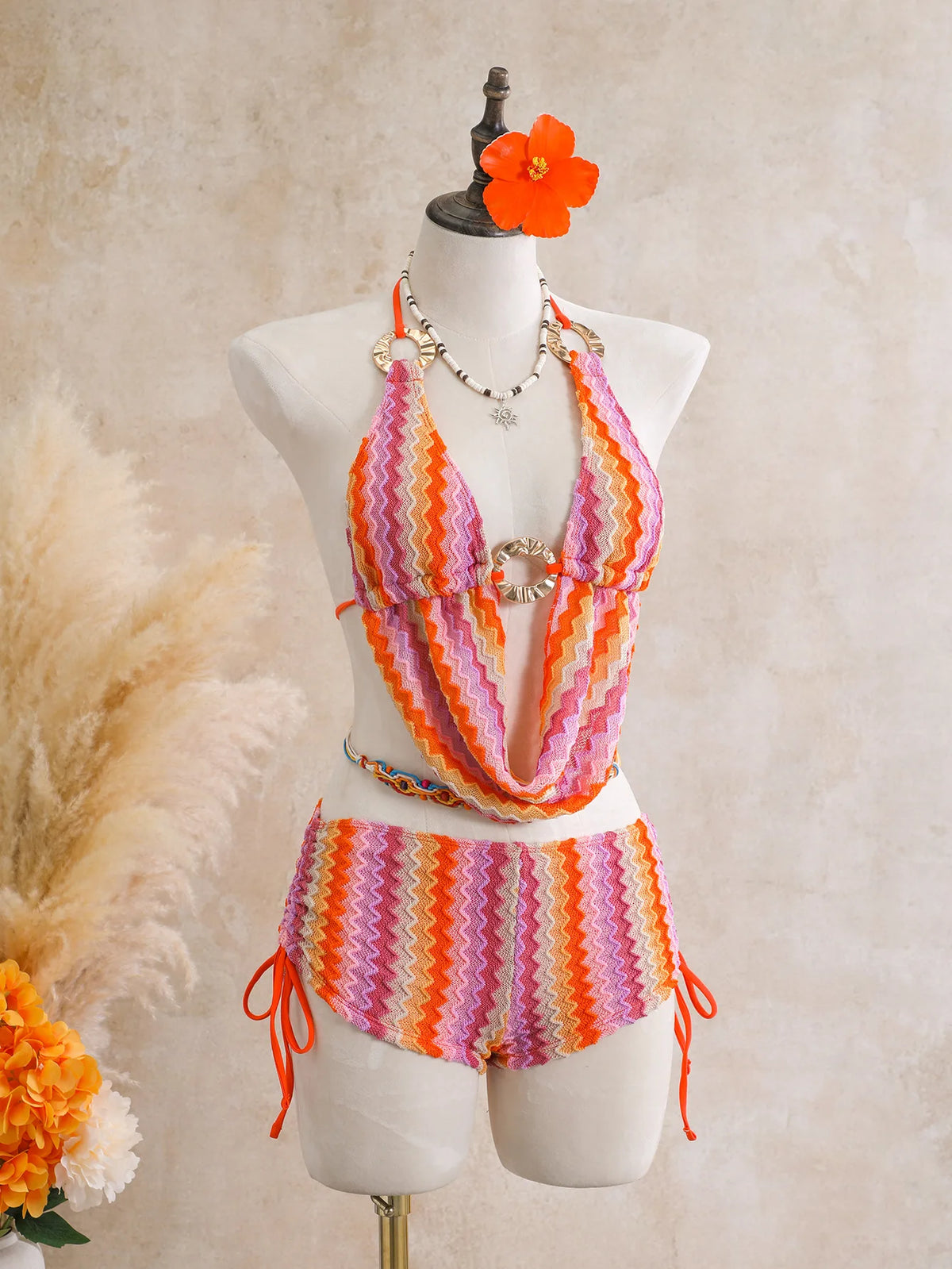 Vintage Blue Striped Knitted Cover Up 3 Piece Bikini Set 2026 Swimwear Women Push Up Bra Drawstring High Waist Shorts Swimsuit