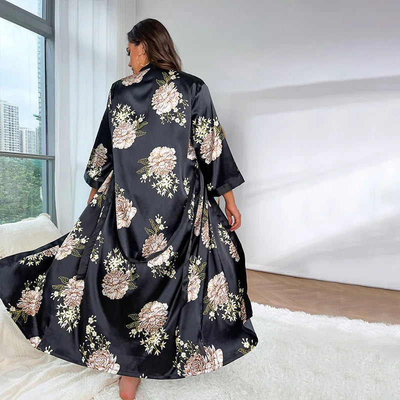 Fat Plus Size Pajamas for Women's Fashion, Casual, Loose Printed Pajamas for Women's Long Imitation Silk Sexy Pajamas