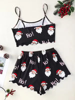 Women Sleepwear Christmas Santa Print Crew Neck Sleeveless with Spaghetti Strap Top and Shorts Pajama Set Loungewear