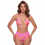 Women’s Two Piece Bikini Set Rose Hibiscus Floral Print Halter Tops with Fold Over Waist Shorts Summer Beach Wear