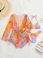 2024 New Swimsuit 3 Pcs Set Thong Bikini with Rompers Womens Jumpsuit Beach Wear Print Swimwear Sexy Bathing Suit Pool Beachwear