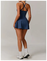 Summer Tennis Dress Women Sleeveless V Neck Slim Skirt Pleate Twisted Design Crossed Hollow Out Sports Yoga Golf Skirt Badminton