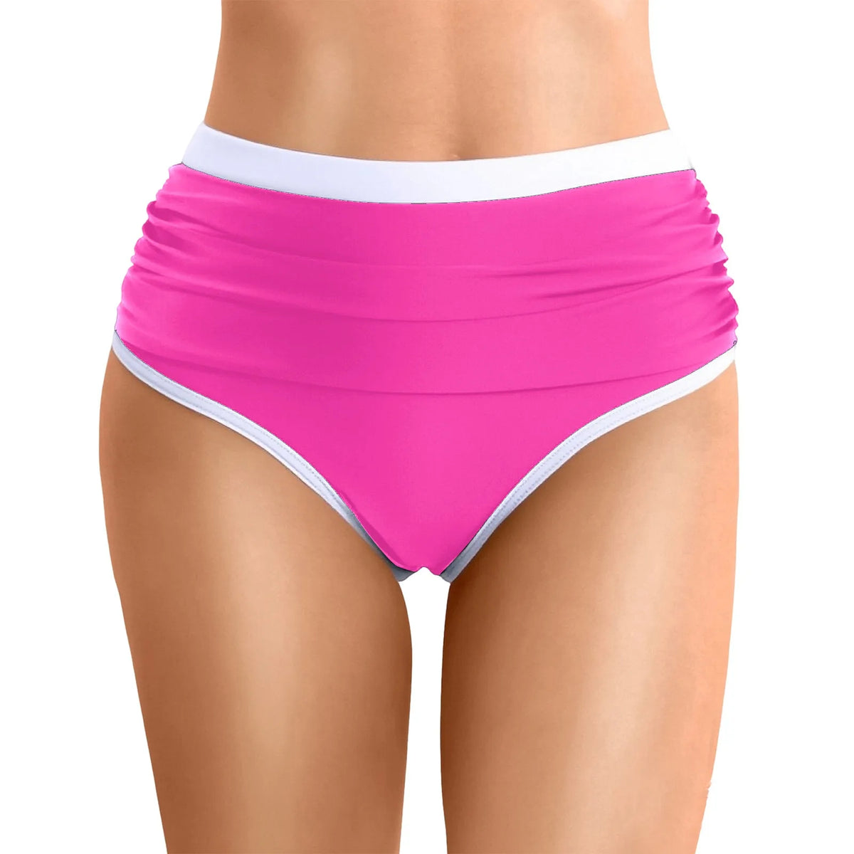 Womens Contrast Trim High Waisted Swim Bottoms Ruched Tummy Control Bathing Suit Modest Swim Shorts For Beach Surfing Swimming