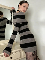 Women Autumn Dress Striped Boat-Neck Long Sleeve Bodycon Short Dress Y2K Gothic Wrapped Hip Party Dresses