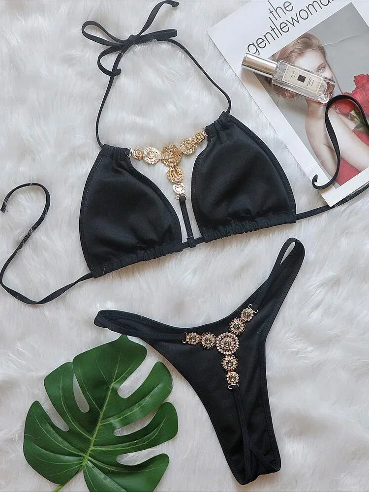 Extreme Mini Micro String Diamond Bikini Women Swimsuit Female Triangle Swimwear Two Pieces Bikini Set Halter Bathing Suit Swim