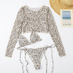 S- XXL Leopard Printed Long Sleeve Bikini Women Swimwear Female Swimsuit Three-piece Bikini set Bather Bathing Suit Swim V3193SW