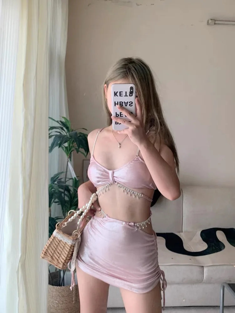 Korean Style Summer Three Pieces Bikinis with Skirt Swimsuit Chain Swimwear Female 2024 Swimming Bathing Suit Pink Beach Wear