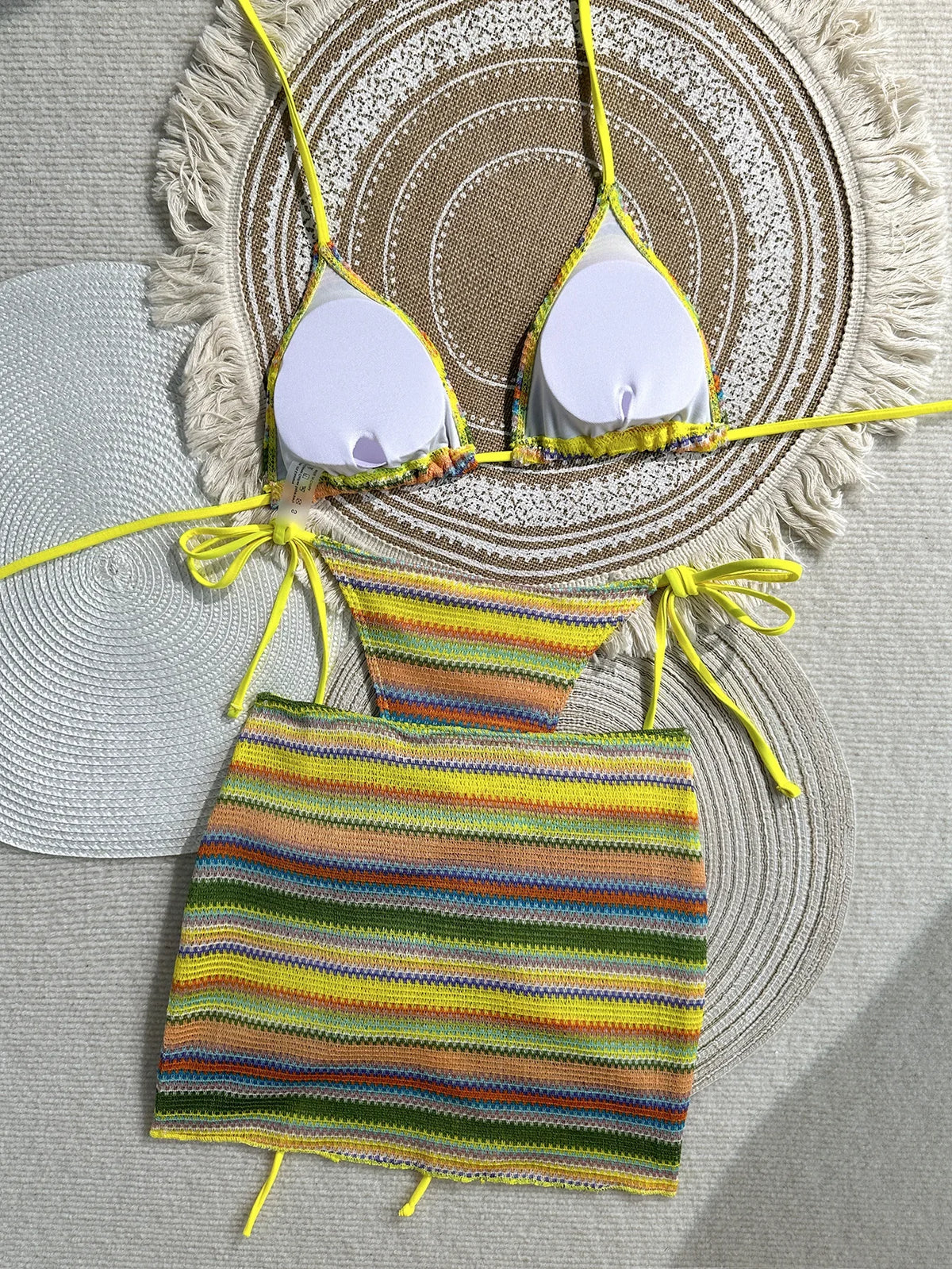 Sexy Coffee Striped Knitted Bikinis Sets 2026 Women Holiday Drawstring Side Skirt 3 Piece Swimsuit Summer Bathing Suit Swimwear