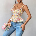 Spring Summer Lace Up Pink Floral Print Fishbone Corset with Folded Waist Ruffled Edges Cotton Suspender Vest for Women 2026