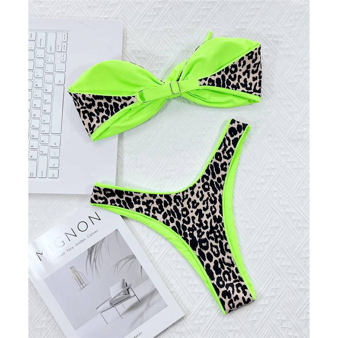 Sexy Bandeau Knotted Splicing Leopard Bikini Women Swimwear Female Swimsuit Two-Pieces Bikini Set Bather Bathing Suit Swim V4179