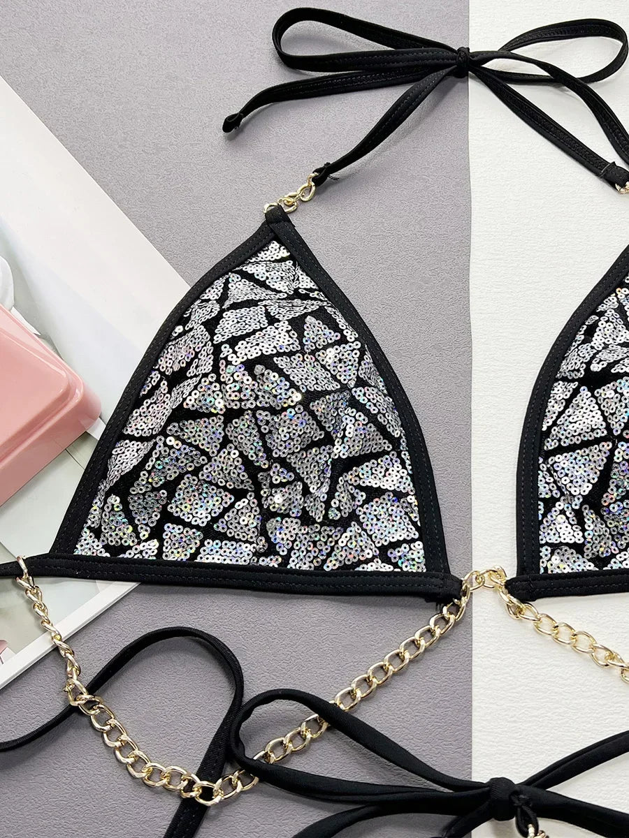 Shiny Bling Sequins Halter Metal Chains Bikini Women Swimwear Female Swimsuit Two-pieces Bikini Set High Cut Bathing Suit Swim