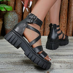 Chunky Platform Gladiator Sandals Women Buckle Decor Cross Strap Thick Bottom Sandles Woman Back Zip Pu Leather Sandalias 35-43