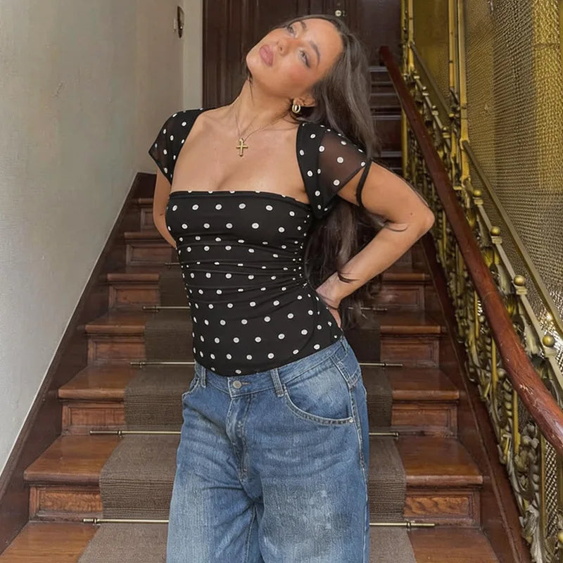 FDYOUI Chic Square Collar Black T-shirts Women's Summer Short Sleeve Polka Dot T Shirt 2026 Girls Clothes Slim Ruched Crop Top