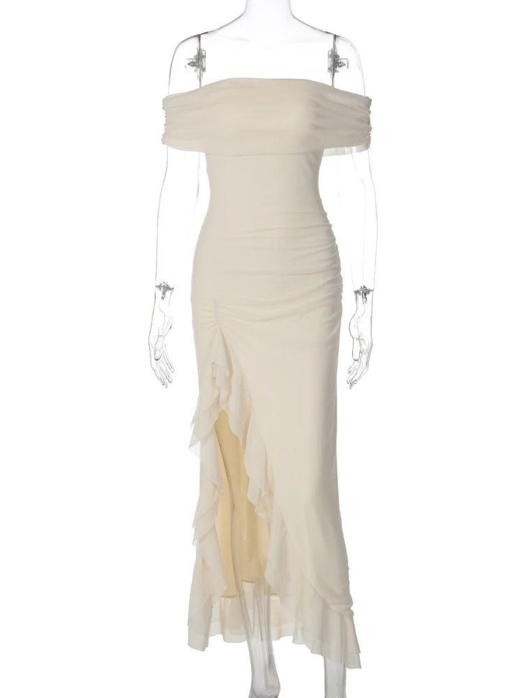 FDYOUI Elegant Slash Neck Ruffles High Slit Long Party Dresses for Women 2026 Summer Sleeveless Bodycon Evening Dress Lady Gowns