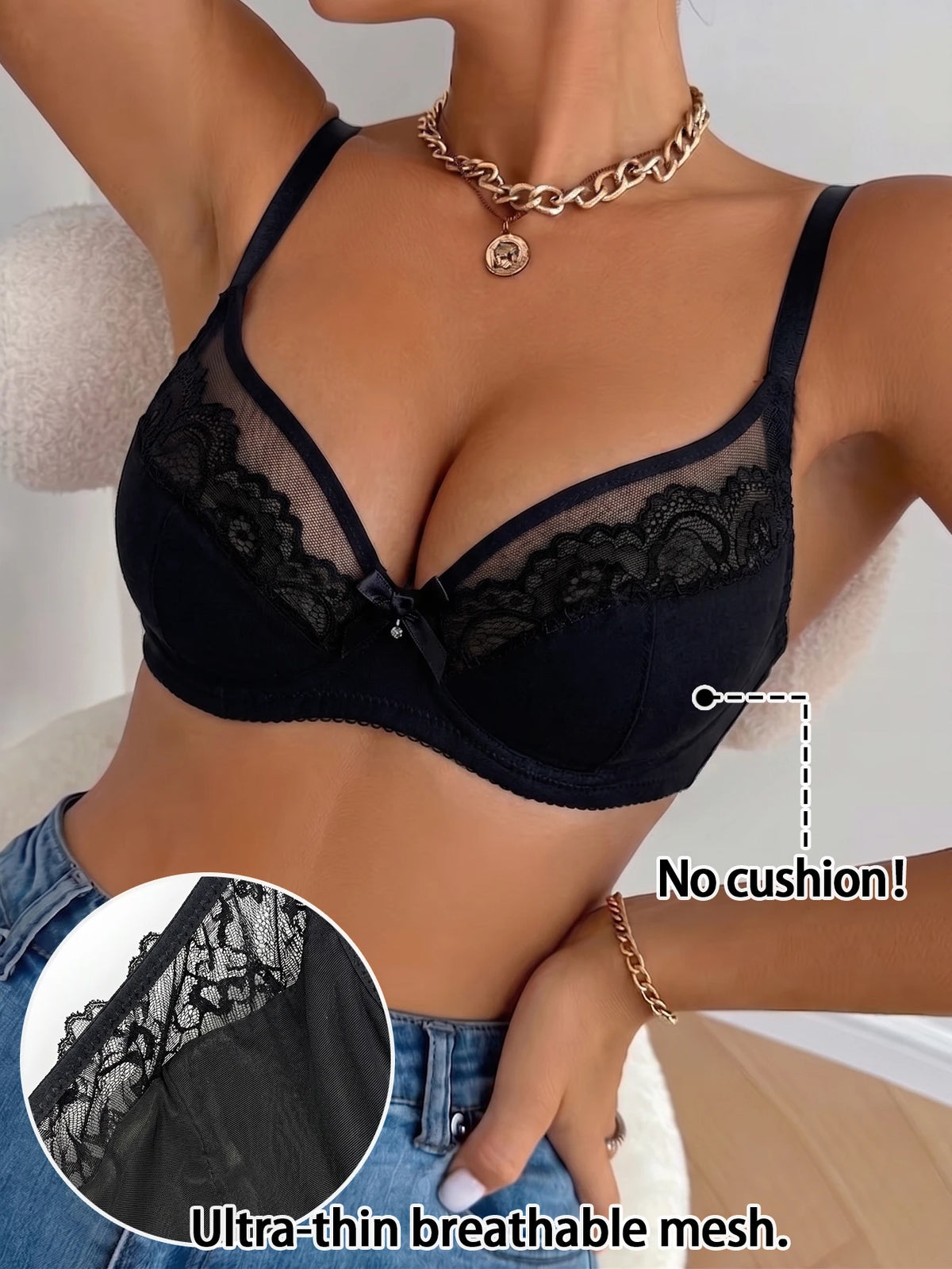 Women A B C D E F Thin Cup Bra Lace Mesh Underwire Brassiere Push‑Up Gather Comfortable Adjustable Strap Everyday Bra