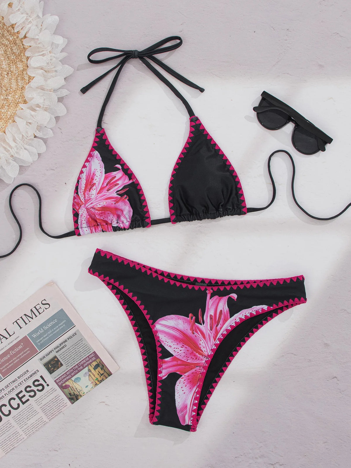 2026 New Sexy Low Bikini Set Swimwear Women Print Floral Brazilian Halter Backless Swimsuit Strappy Beachwear Dot Biquini Female
