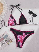 2026 New Sexy Low Bikini Set Swimwear Women Print Floral Brazilian Halter Backless Swimsuit Strappy Beachwear Dot Biquini Female