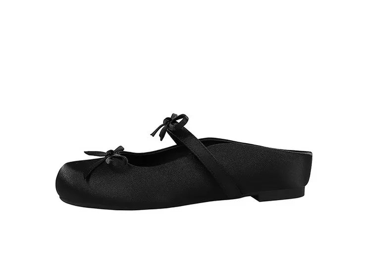 BIGTREE Satin Bow With One Strap With Shallow Mouth Half-Tugging Women's Hollow Inner Heightened Round-Head Sandals Comfortable