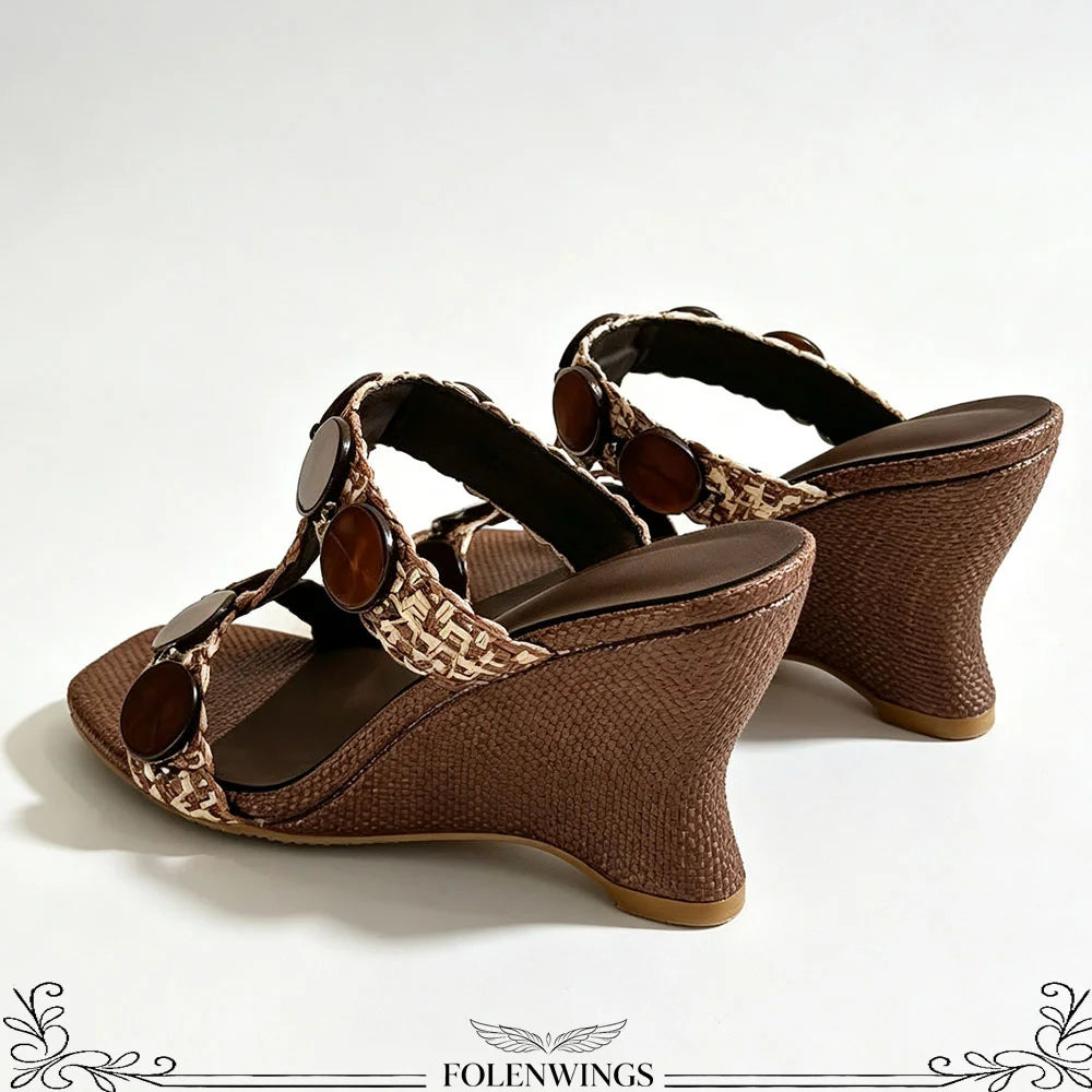 Boho Raffia Comfortable 8cm High Heels Wedge Slide Mules T-Strap Vacation Beach Straw Heels Espadrille Wedge Sandals Women Shoes