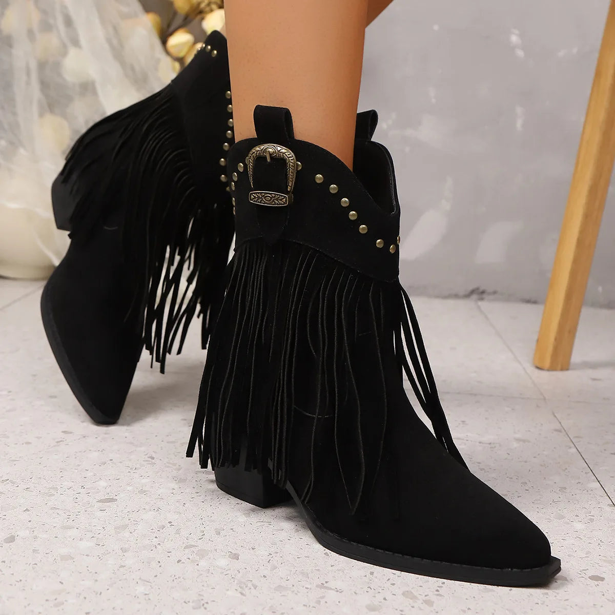 Women Ankle Boots AutumnSuede Chelsea Boots Pointed Toe Tassel High Heel Shoe Rivet Fashion Retro Cowboy Boots Botas Mujer