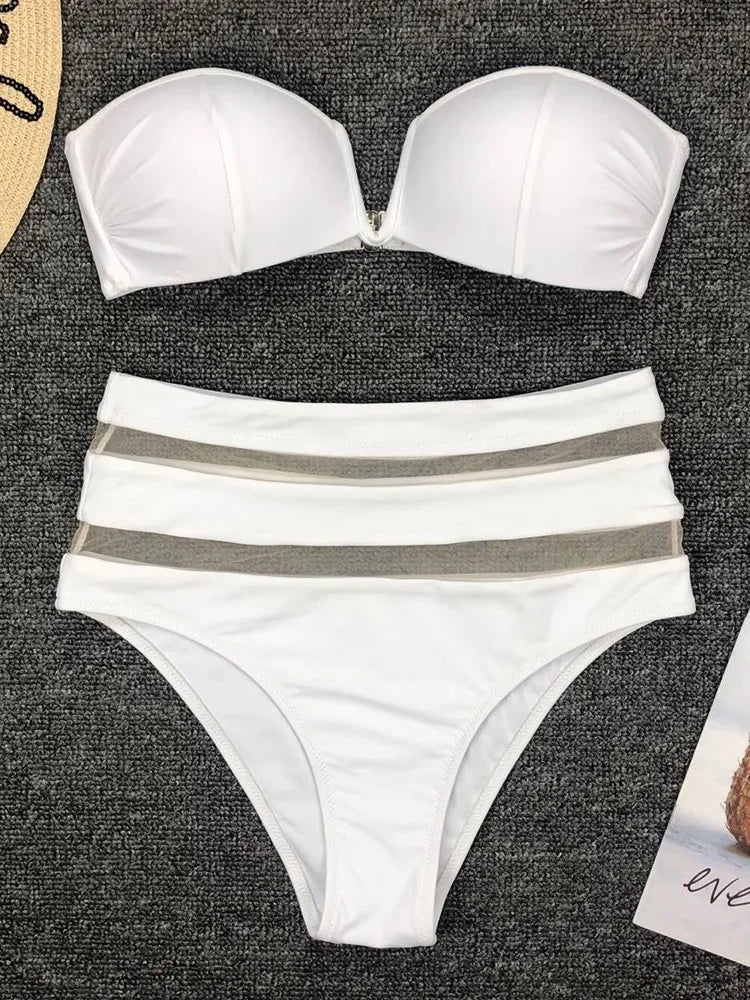 V Shaped Bandeau High Waist Bikini Women Swimsuit Female Swimwear Two-pieces Bikini Set with Bra Cup Bathing Suit Swim Beachwear
