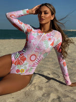 Pink Floral Print Surf Swimwear Women Front Zipper Long Sleeve Sunscreen Holiday One Piece Swimsuit Bathing Suit Monokini 2026
