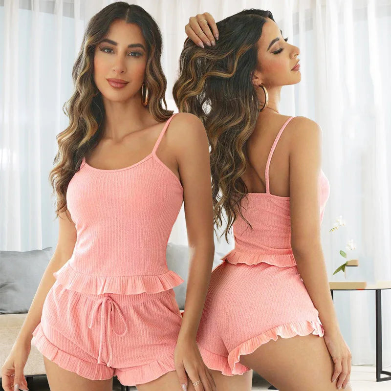 New Summer Womens Ribbed Knit Pajama Set Ruffle Trim Cami Top Drawstring Shorts Loungewear Two Piece Sleepwear Sexy Homewear