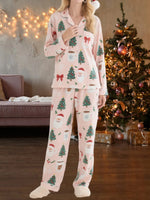 Women's 2025 Christmas Pajama Set Long Sleeve Lapel Santa Claus Christmas Tree Print Shirt Pants Two Pieces Sleepwear