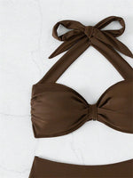 Sexy Front Tie Bikini Set Women Brown Halter Push Up Padded Micro Swimsuit 2025 Summer Bathing Suit High Waist Swimwear Biquini